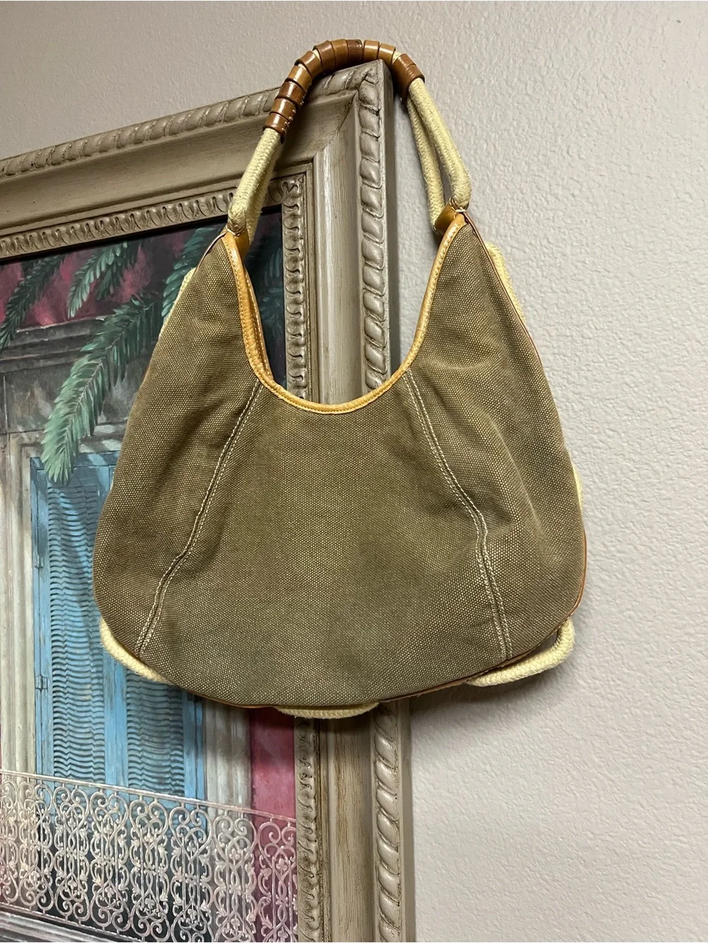 BCBGirls Olive Canvas Hobo with Tan Leather Trim